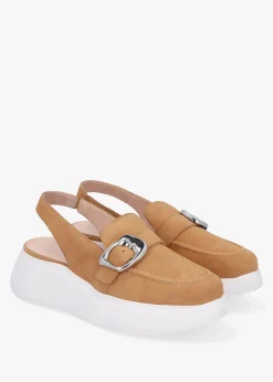 New WONDERS Acalia Tan Suede Chunky Low Wedge Sling Backs