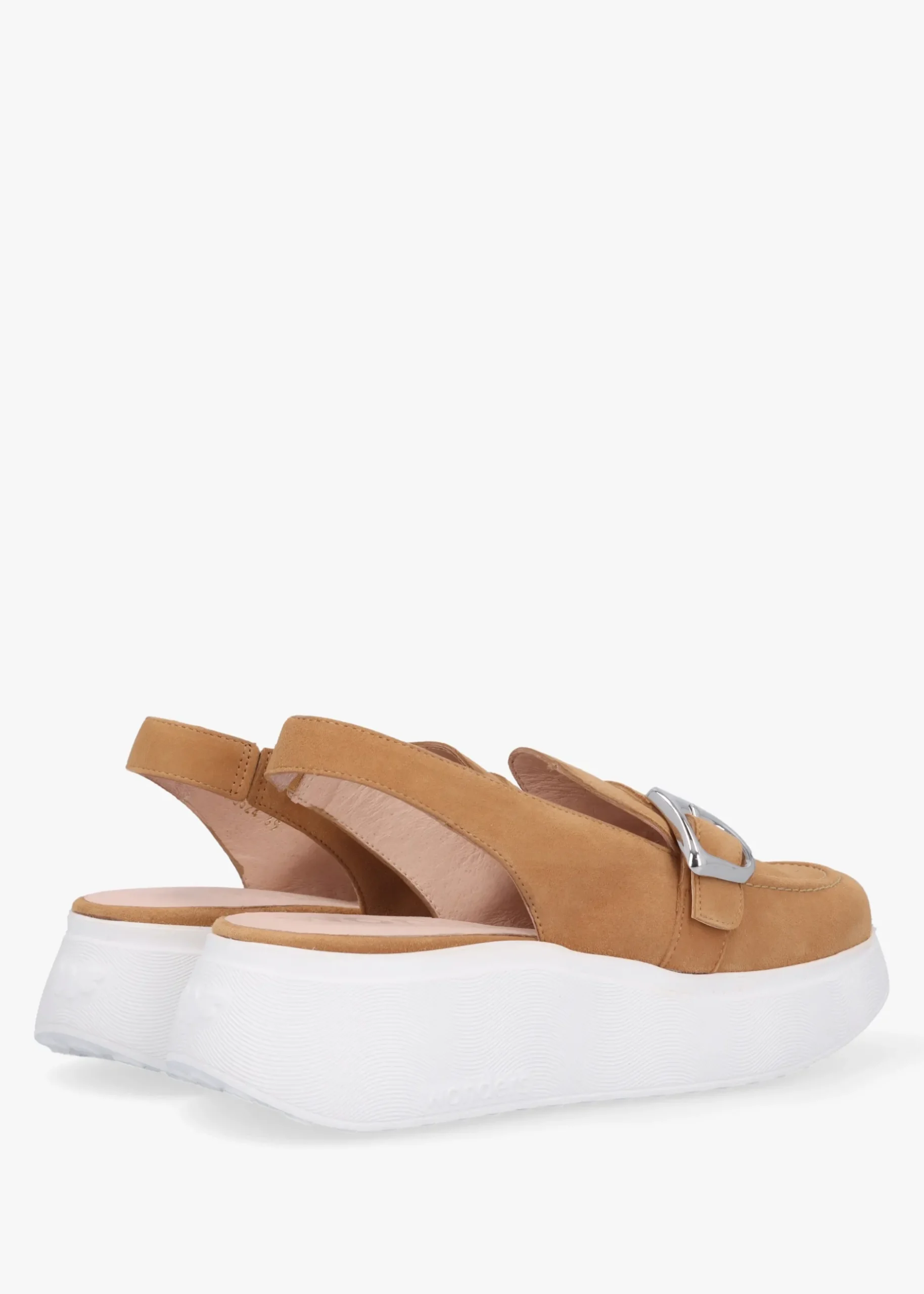 New WONDERS Acalia Tan Suede Chunky Low Wedge Sling Backs