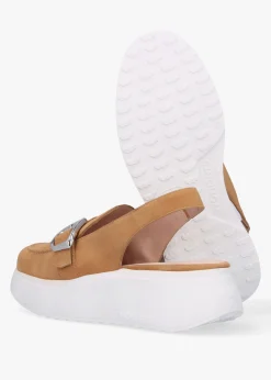 New WONDERS Acalia Tan Suede Chunky Low Wedge Sling Backs