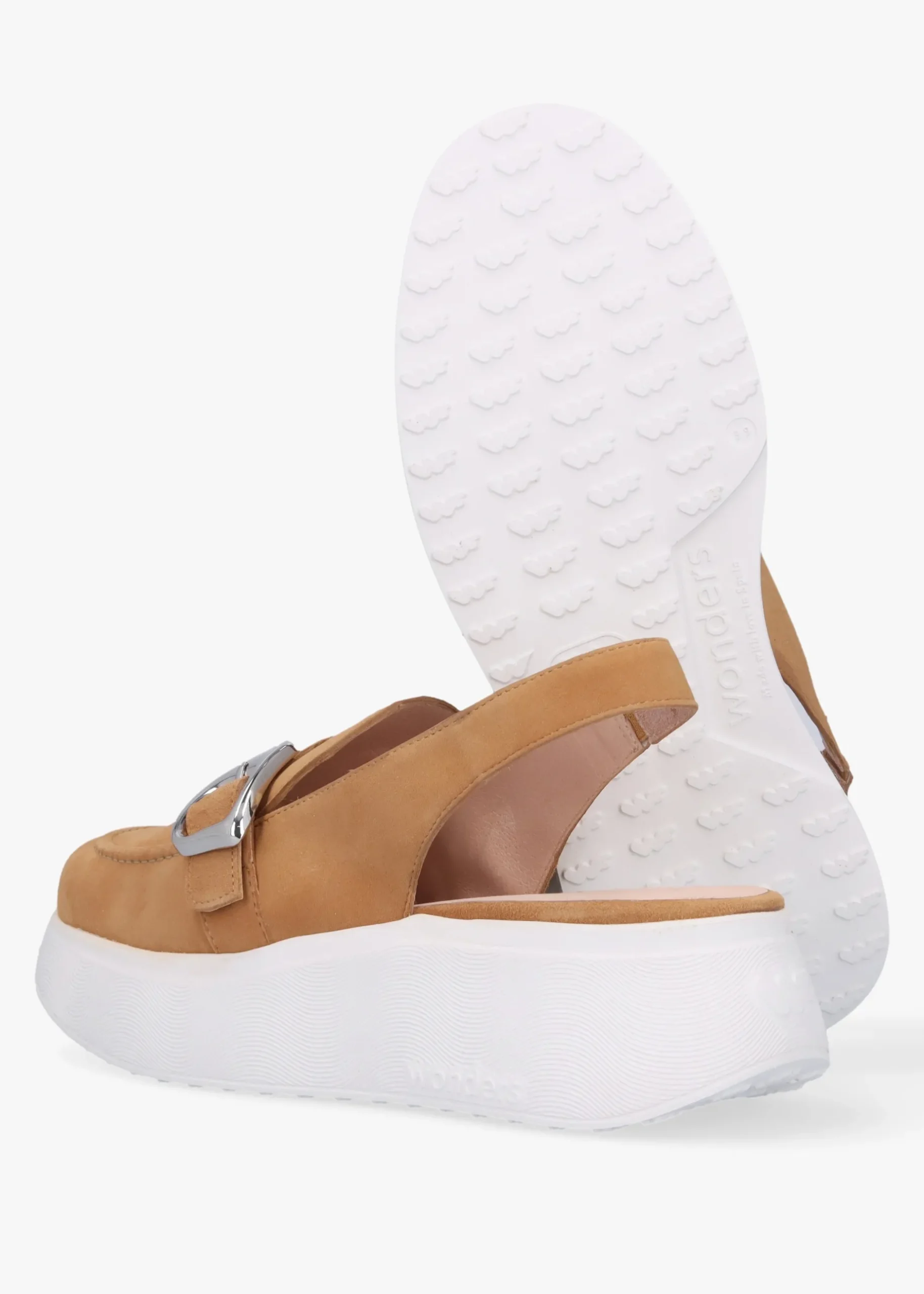 New WONDERS Acalia Tan Suede Chunky Low Wedge Sling Backs