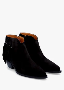 Best ALPE Ajax Black Suede Fringed Western Stacked Heel Ankle Boots