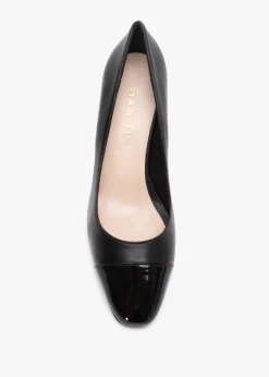 New DANIEL Akuna Black Leather Block Heel Court Shoes