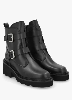 Clearance ALPE Arose Black Leather Double Buckle Ankle Boots