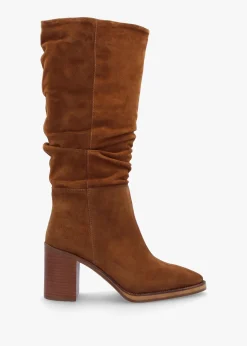 Fashion ALPE Astrid Tan Suede Rouched Block Heel Knee Boots