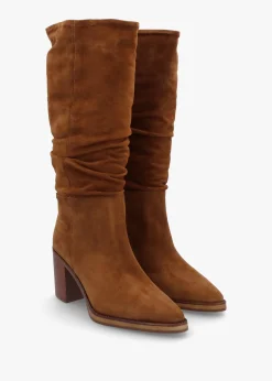 Fashion ALPE Astrid Tan Suede Rouched Block Heel Knee Boots
