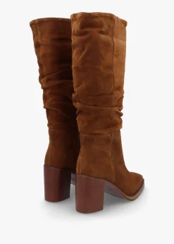 Fashion ALPE Astrid Tan Suede Rouched Block Heel Knee Boots