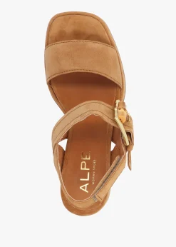Sale ALPE Athens Tan Suede Block Heel Platform Sandals