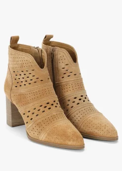 Online ALPE Austie Tan Suede Perforated Block Heel Ankle Boots