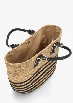 New BLE Beige & Black Woven Striped Shopper Bag