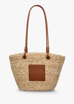 Best BLE Beige & Tan Woven Straw Bucket Shopper Bag