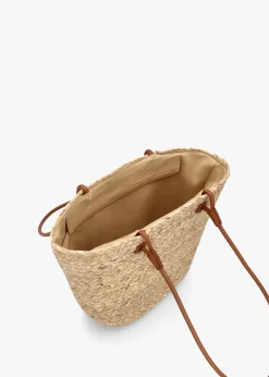Best BLE Beige & Tan Woven Straw Bucket Shopper Bag