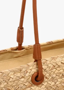 Best BLE Beige & Tan Woven Straw Bucket Shopper Bag