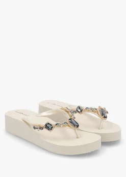 Best HOT SAND Beige Embellished Toe Post Wedge Flip Flops