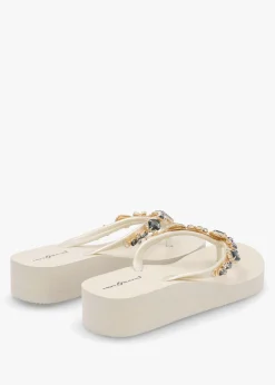 Best HOT SAND Beige Embellished Toe Post Wedge Flip Flops