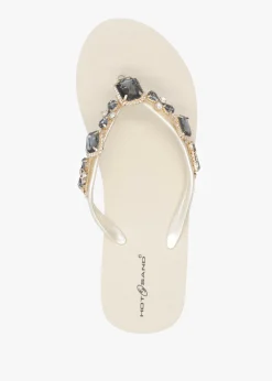Best HOT SAND Beige Embellished Toe Post Wedge Flip Flops