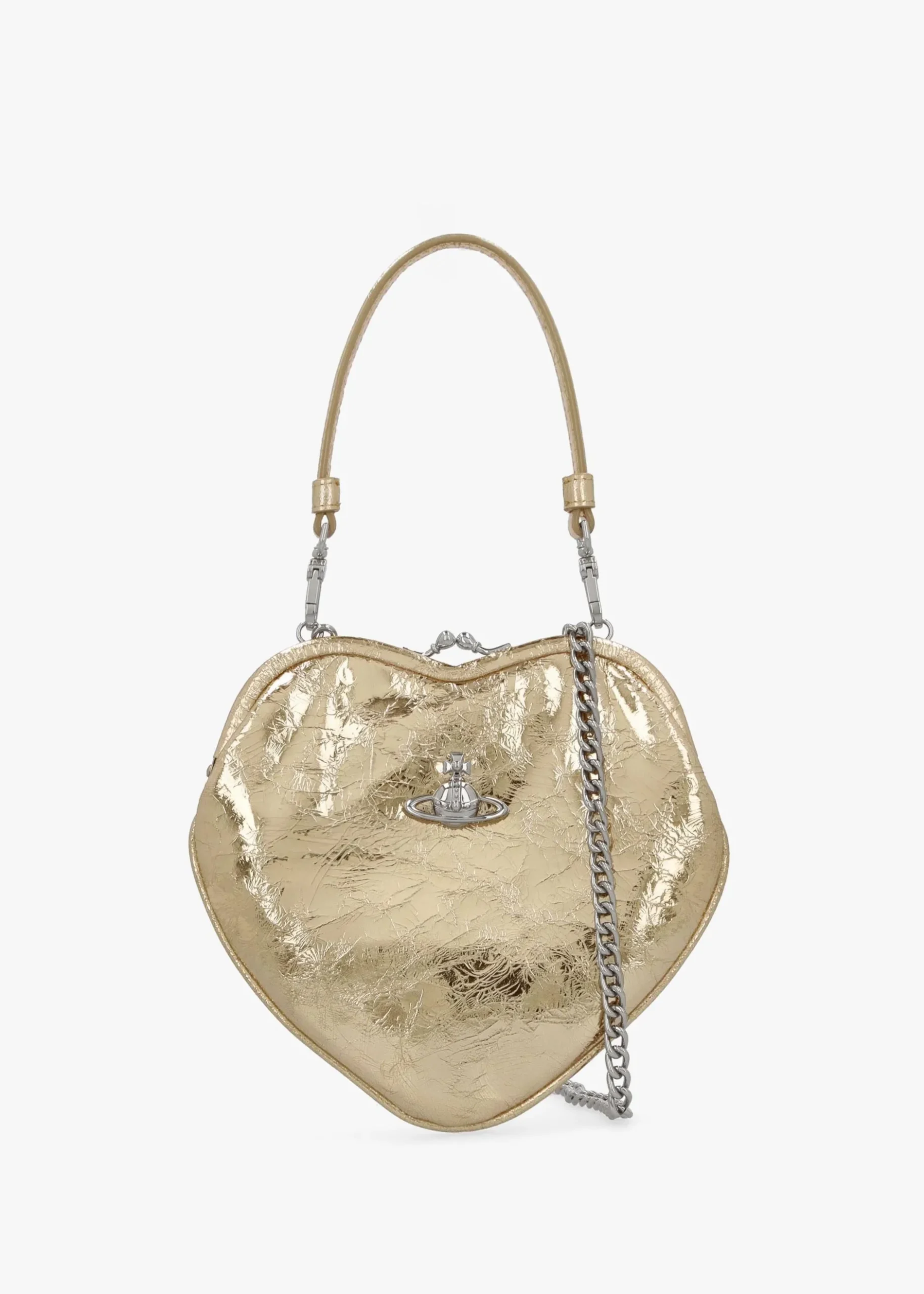 Hot VIVIENNE WESTWOOD Belle Gold Metallic Crinkle Leather Heart Frame Cross-Body Bag