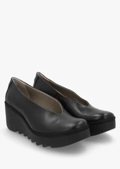 Sale FLY LONDON Beso Black Leather Wedge Court Shoes