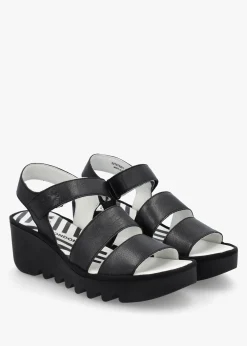 Fashion FLY LONDON Bexy Black Leather Mid Wedge Sandals