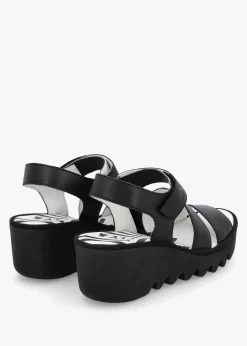 Fashion FLY LONDON Bexy Black Leather Mid Wedge Sandals