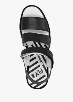 Fashion FLY LONDON Bexy Black Leather Mid Wedge Sandals