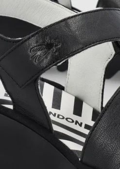 Fashion FLY LONDON Bexy Black Leather Mid Wedge Sandals