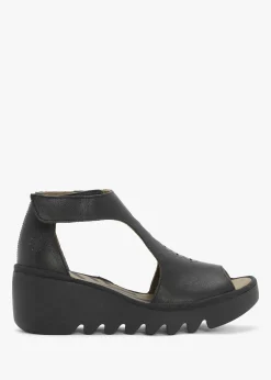 Sale FLY LONDON Bezo Black Leather Wedge Sandals