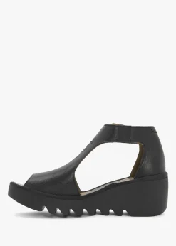 Sale FLY LONDON Bezo Black Leather Wedge Sandals