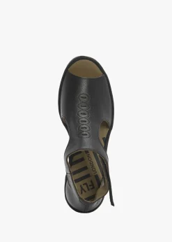 Sale FLY LONDON Bezo Black Leather Wedge Sandals