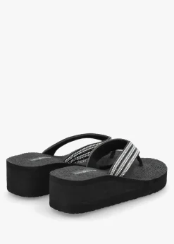 Fashion HOT SAND Black Diamante Toe Post Wedge Flip Flops