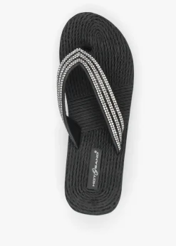 Fashion HOT SAND Black Diamante Toe Post Wedge Flip Flops
