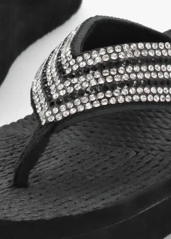 Fashion HOT SAND Black Diamante Toe Post Wedge Flip Flops