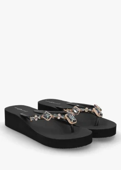 Outlet HOT SAND Black Embellished Toe Post Wedge Flip Flops