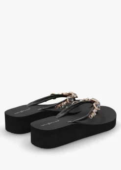Outlet HOT SAND Black Embellished Toe Post Wedge Flip Flops