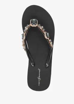 Outlet HOT SAND Black Embellished Toe Post Wedge Flip Flops