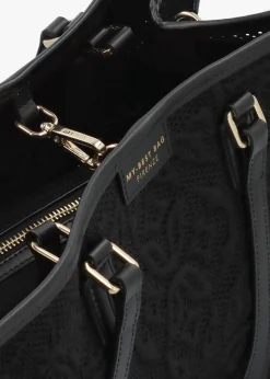 New MY BEST BAG Black Embossed Crochet & Leather Tote Bag