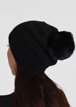 Clearance DANIEL Black Slouchy Knitted Pom Pom Hat