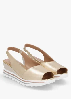 New DANIEL Canna Gold Leather Peep Toe Wedge Sandals