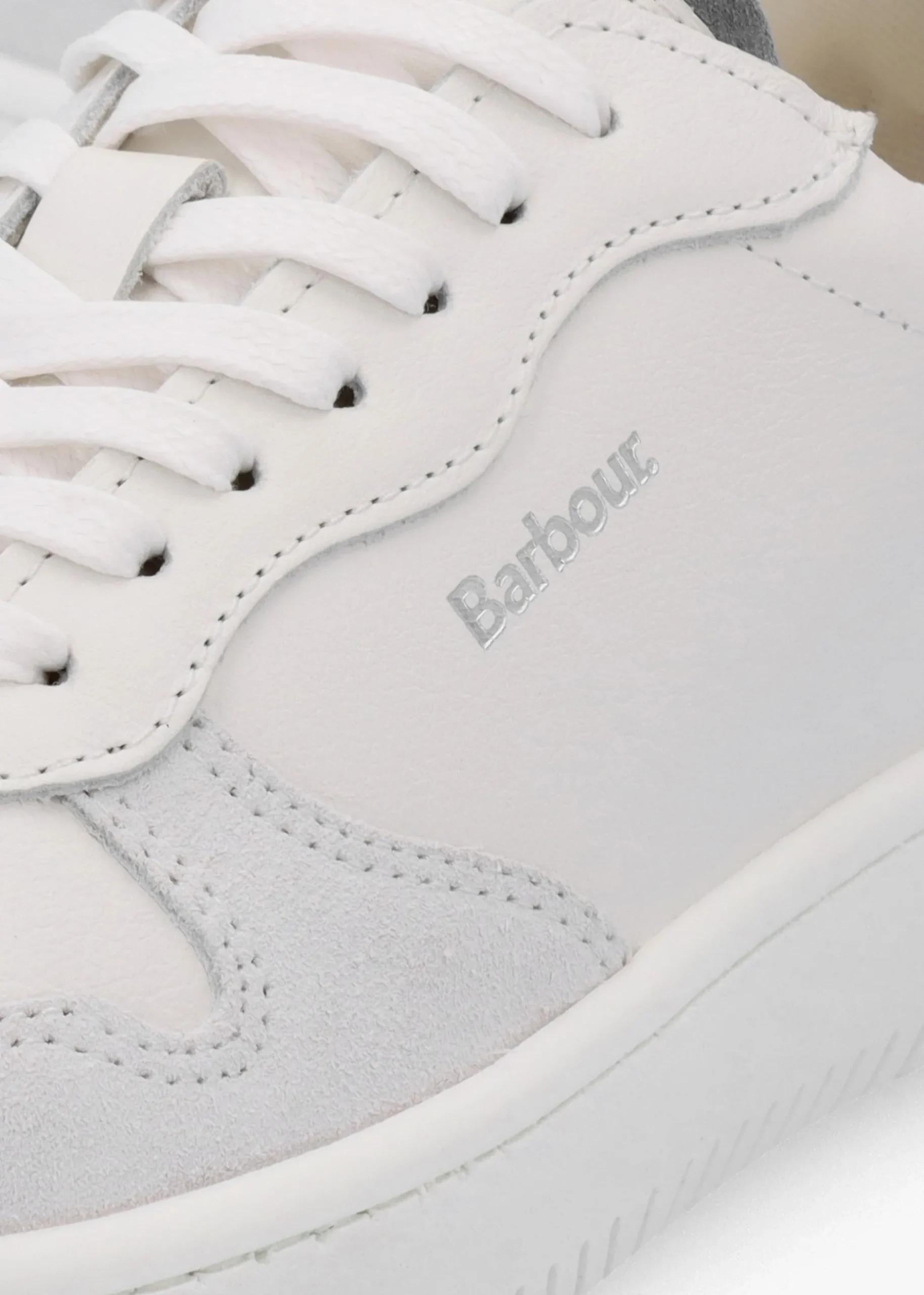 New BARBOUR Celeste White Chambray Leather Trainers