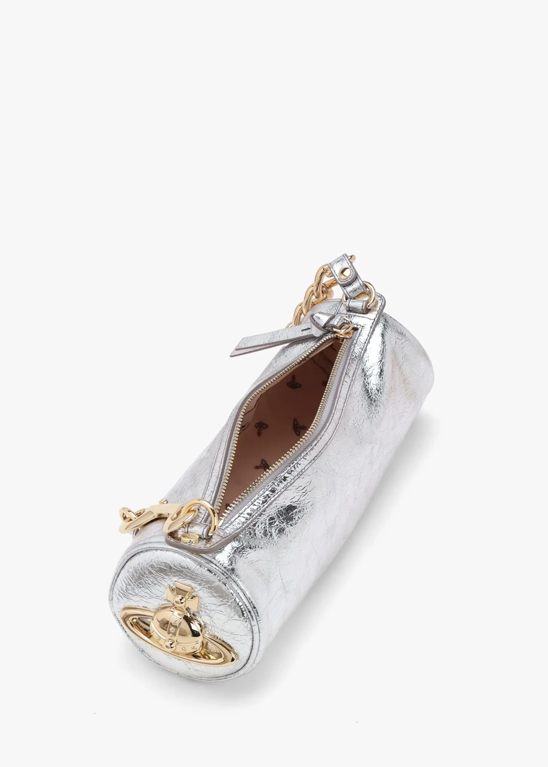 Best VIVIENNE WESTWOOD Cindy Cylinder Silver Metallic Crinkle Shoulder Bag