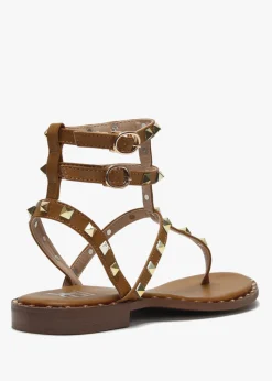 Sale DF By DANIEL Cube Tan Square Studded Gladiator Sandals