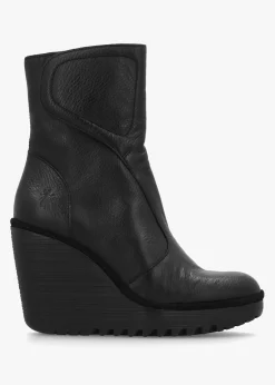 Fashion FLY LONDON Dally Black Full Grain Leather High Wedge Ankle Boots
