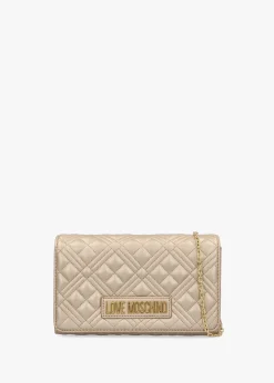 New LOVE MOSCHINO Diamond Quilt Flapover Gold Cross-Body Bag