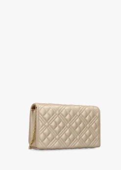 New LOVE MOSCHINO Diamond Quilt Flapover Gold Cross-Body Bag