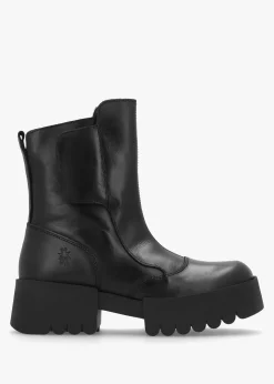 Online FLY LONDON Egli Black Leather Block Heel Chunky Ankle Boots