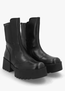 Online FLY LONDON Egli Black Leather Block Heel Chunky Ankle Boots