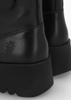 Online FLY LONDON Egli Black Leather Block Heel Chunky Ankle Boots