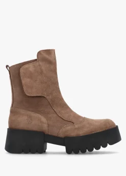 Hot FLY LONDON Egli Taupe Suede Block Heel Chunky Ankle Boots
