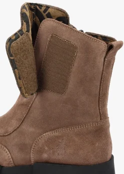 Hot FLY LONDON Egli Taupe Suede Block Heel Chunky Ankle Boots