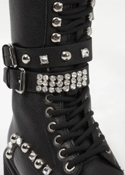 Online DANIEL Ella Black Leather Embellished Tall Ankle Boots