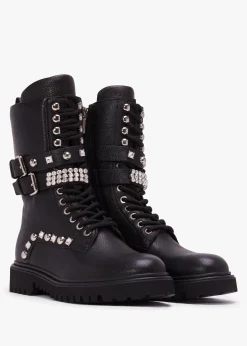 Online DANIEL Ella Black Leather Embellished Tall Ankle Boots